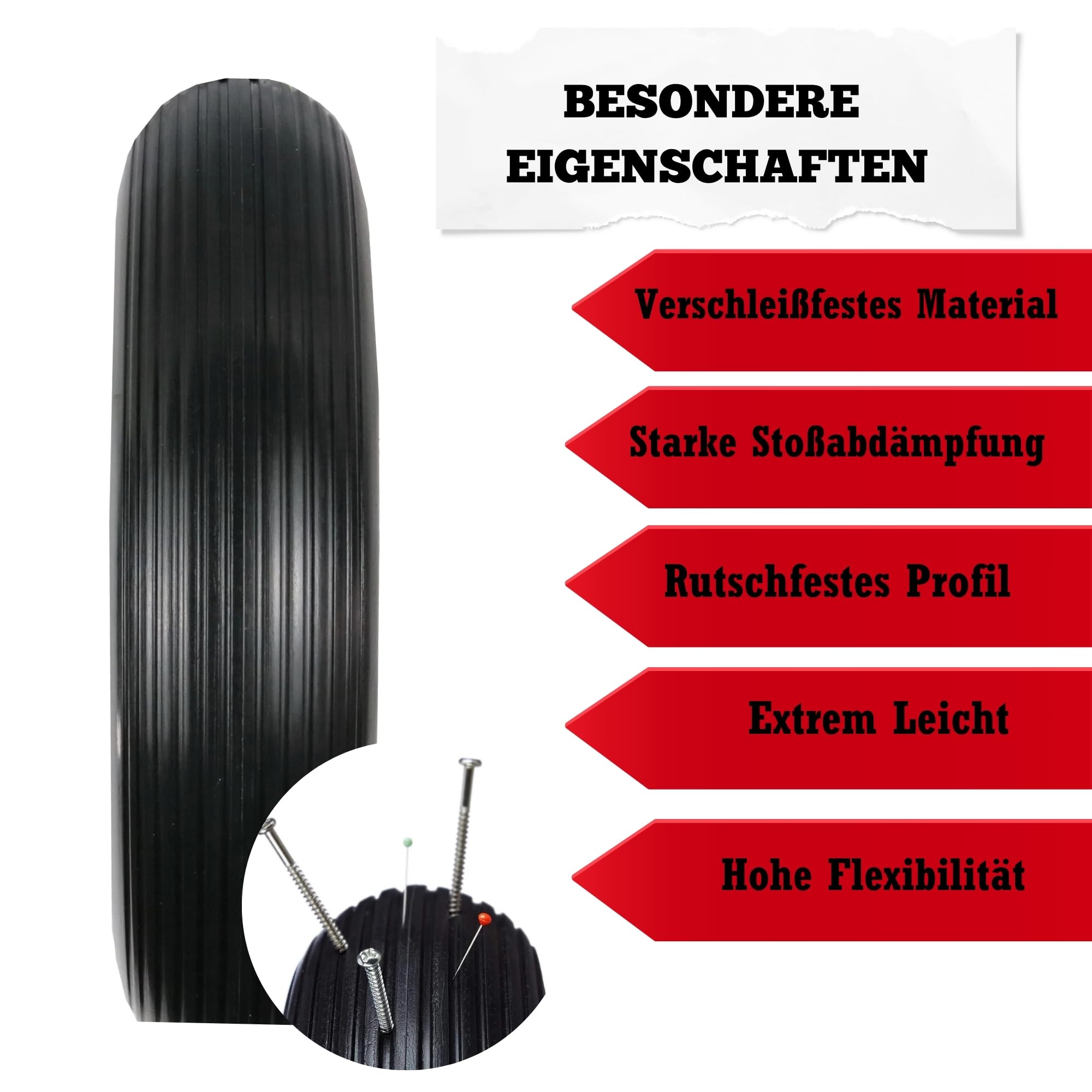 DIVID® Schubkarrenrad PU Vollgummiertes Ersatzrad, Pannensicher, Ersatzrad, Vollgummireifen, 4.80/4.00-8 Ø 390mm Durchmesser auf Stahlfelge (Schwarz)