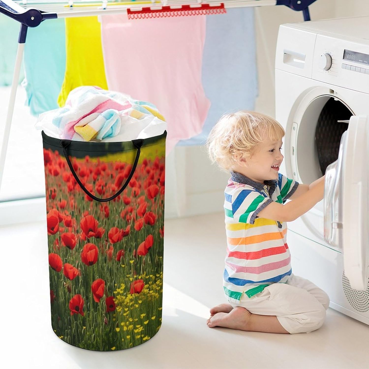 Red Poppy Field Farm Meadow LandscapeLaundry Hamper - Large Dirty Clothes Bag.Storage Basket for Easy Carry Handles. Large Clothes Basket with Handles, Clothing Storage Bucket Toy Organizer for Bathr
