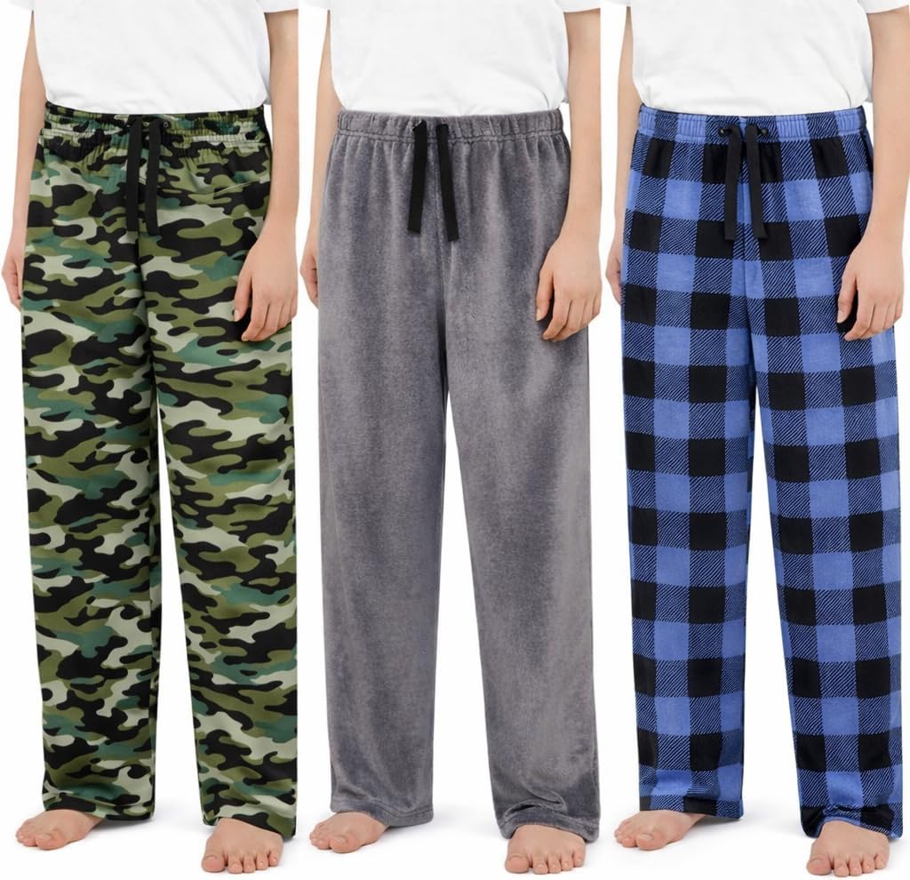 US Angels 3-Pack Boys Pajama Pants - Soft Micro Fleece OR Jersey Knit PJ Bottoms for Kids - Boys Sleepwear, Size 7-20