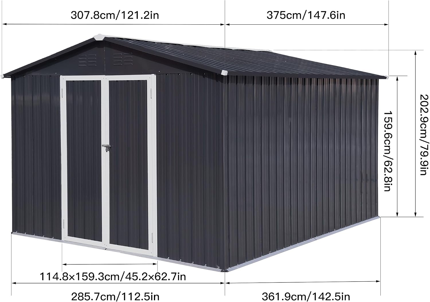 Diagram showing the dimensions of the OXYSURE 10x12x7.5 FT Outdoor Steel Storage Shed, including width, depth, and height measurements in inches and centimeters.