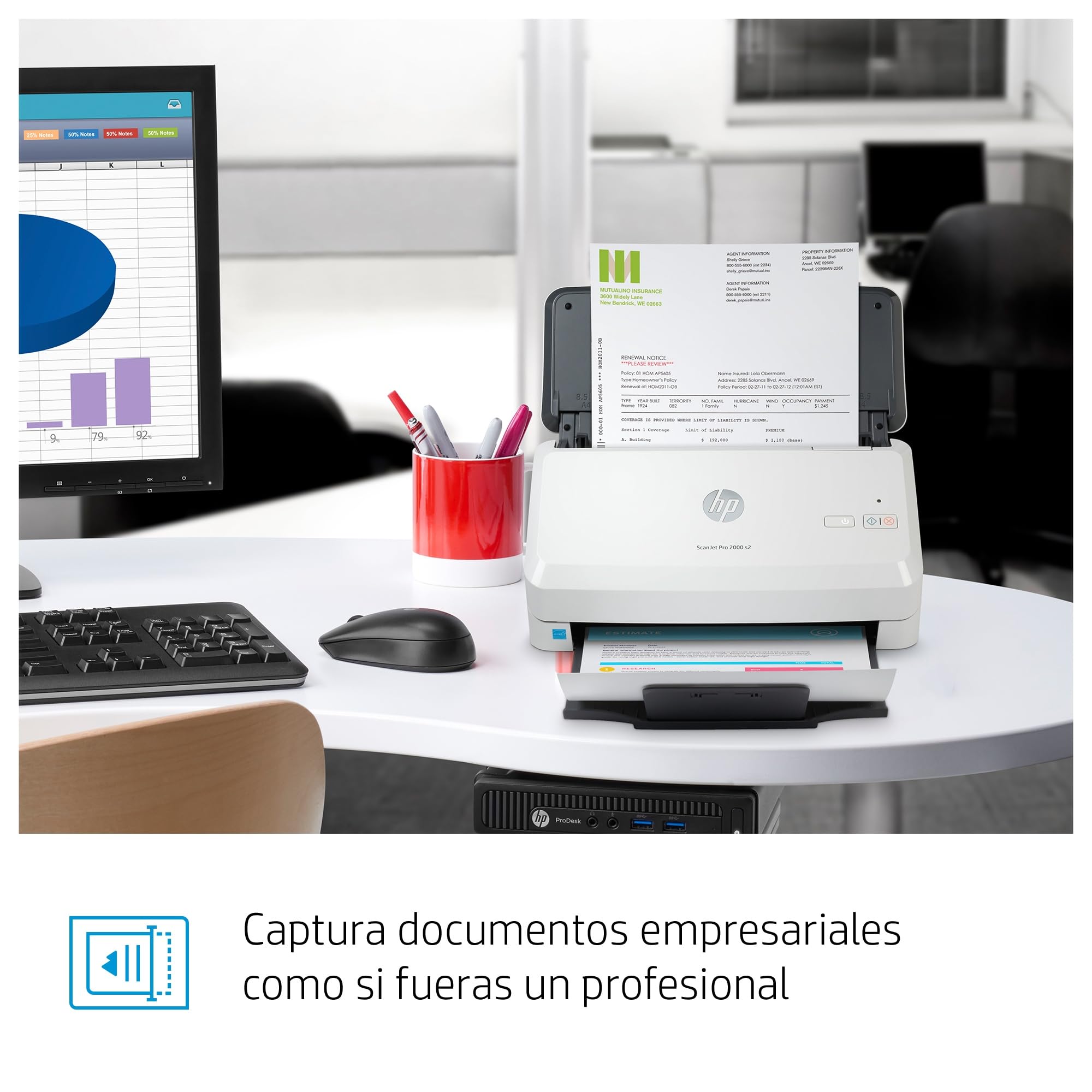 HP ScanJet Pro 2000 s2 Escáner Documentos ADF 50 Hojas Doble Cara 35 ppm 70 ipm USB 3.0 Gris