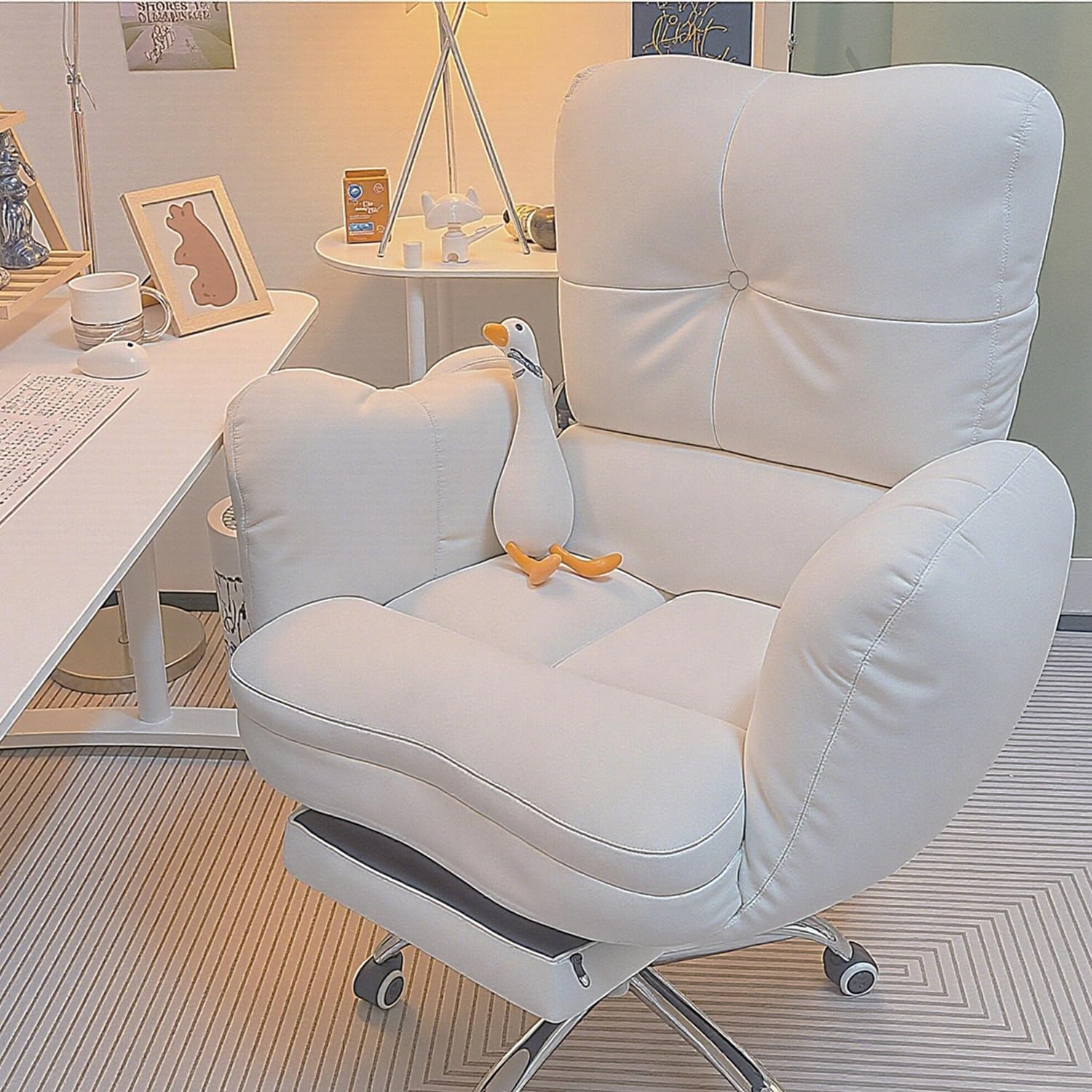 UimoKi Office Chair with Footrest Ergonomic and Comfortable 90°to 150°Recline Adjustable Lumbar Skin Friendly Soft Fabric Cute Design for Study Apartment Bedroom Off-white