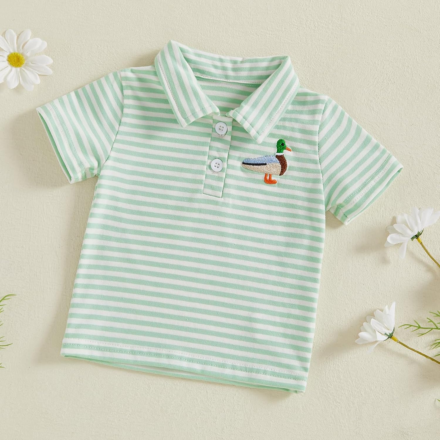 Toddler Baby Boys Girls Polo Shirt Mallard Duck Embroidery Striped Short Sleeve Lapel Button Down Shirts Tops Summer