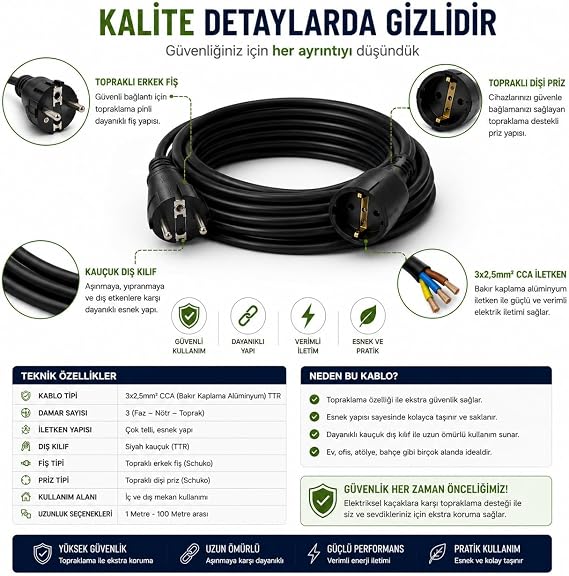 3x2.5mm TTR Grounded Black Rubber Mobile Extension Cable (10 METERS)