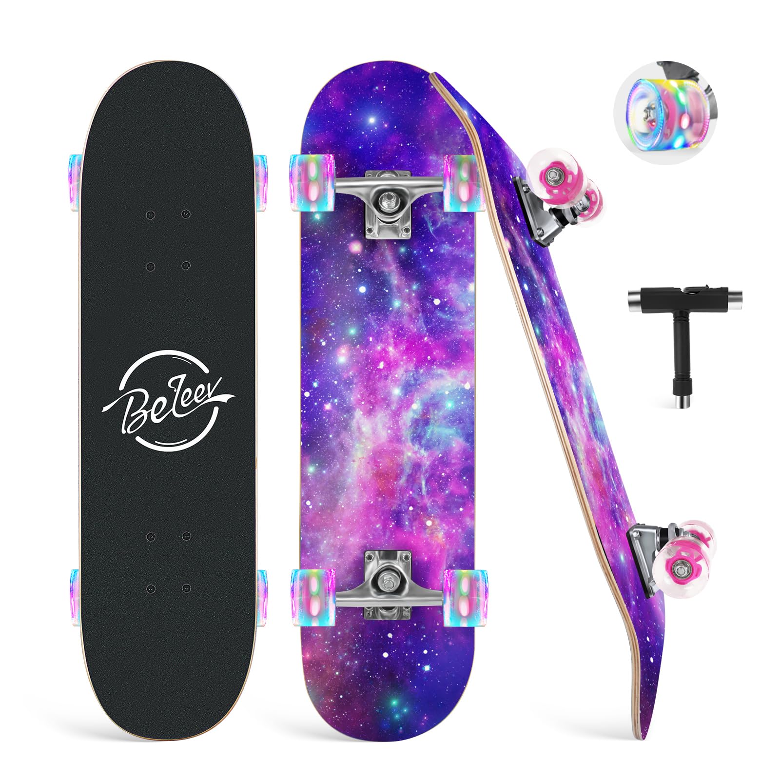 BELEEV Skateboards for Beginners, 31 x 8 inch Complete Skateboard for Kids Teens Adults, 7 Layer Canadian Maple Double Kick Deck Concave Cruiser Trick Skateboard with Multifunction Skate T-Tool