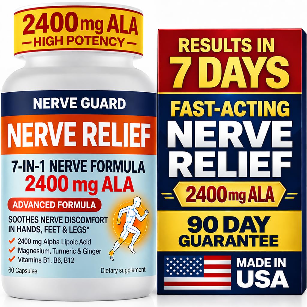 Nerve Relief Neuropathy & Sciatica Support Supplement with 2400 mg Alpha Lipoic Acid to Reduce Nerve Discomfort in Hands, Feet, Legs & Toes – 2400mg ALA, B1, B6, B12, Magnesium, Turmeric – 60 Capsules White-glisten 60 Count (Pack of 1)