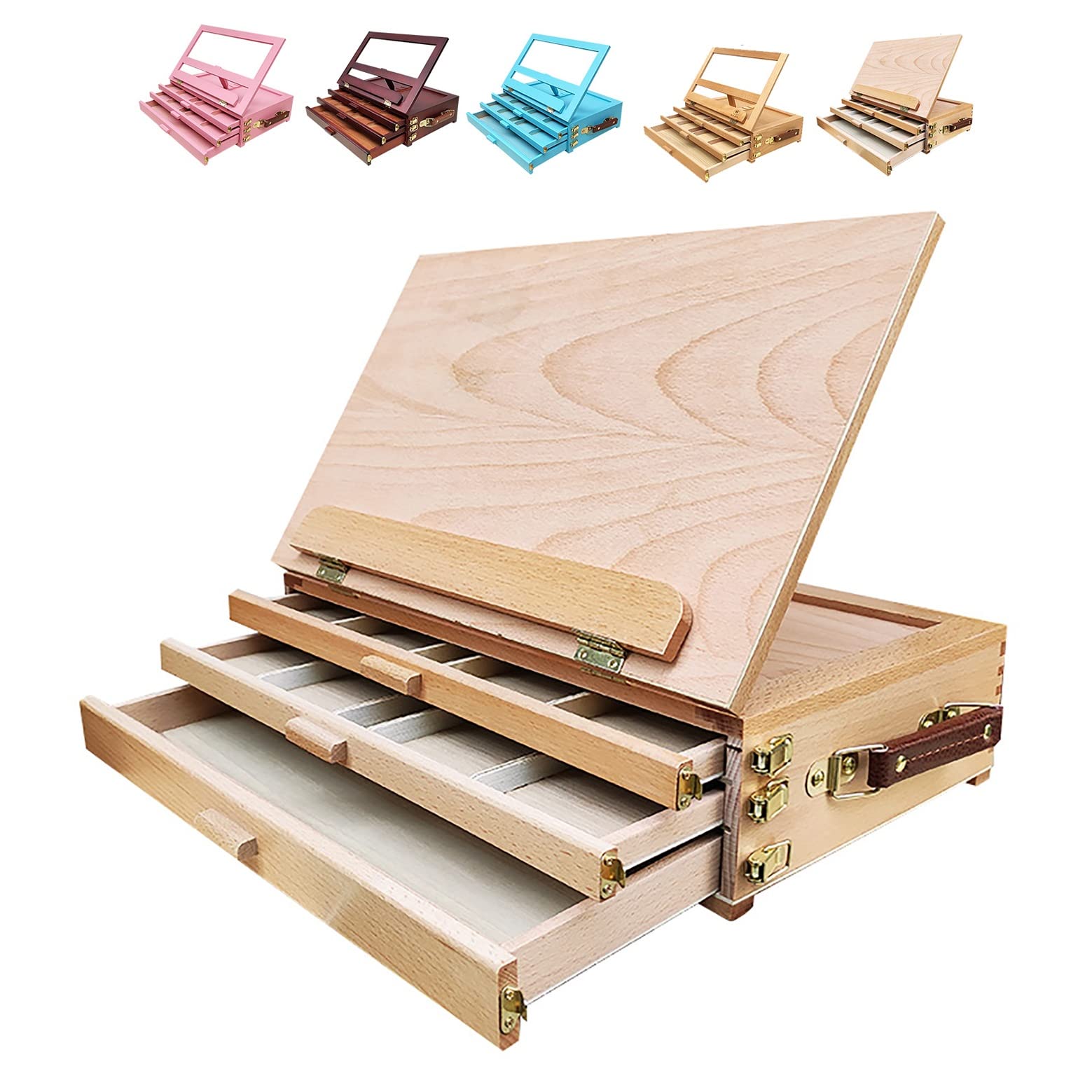 HADECOLL Strong And Durable Three-Tier Drawer Desktop Sketch Easel Storage Picture Box 40X27X13Cm Premium Beechwood Adjustable Easel,4 Different Angles,For Portable Sketching,E