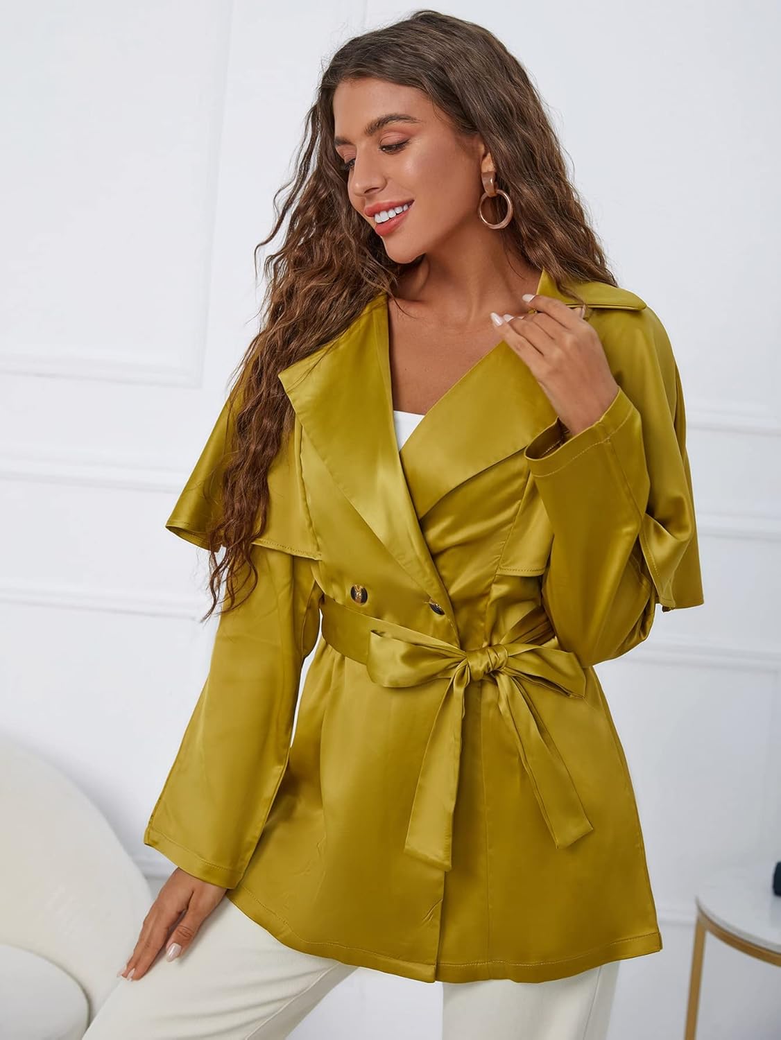 Jackets for Women Double Breasted Belted Satin Trench Coat