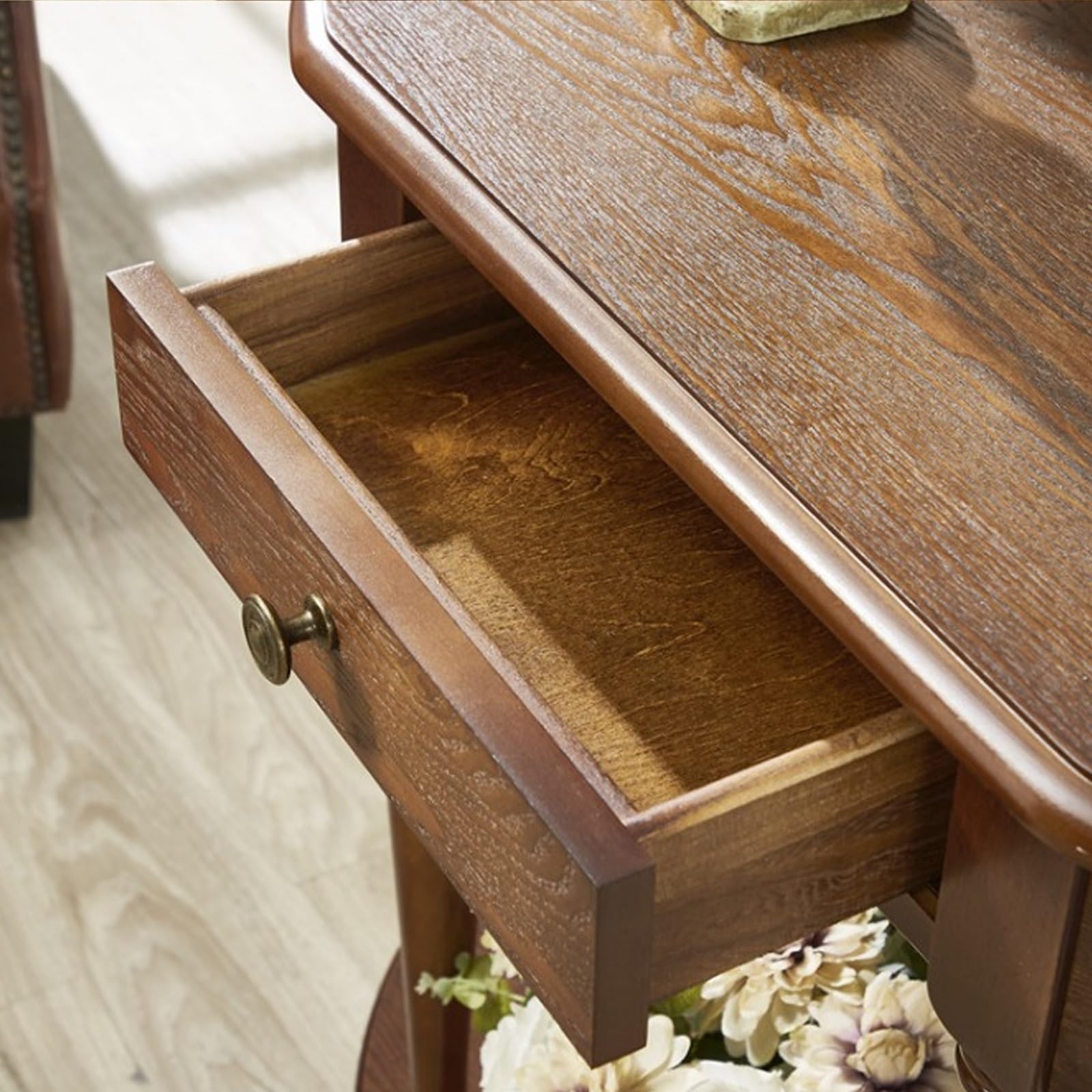Mesa consola de media luna de madera maciza, mesa de entrada con cajón de almacenamiento, mesa de sofá semicircular para decoración de pasillo y entrada