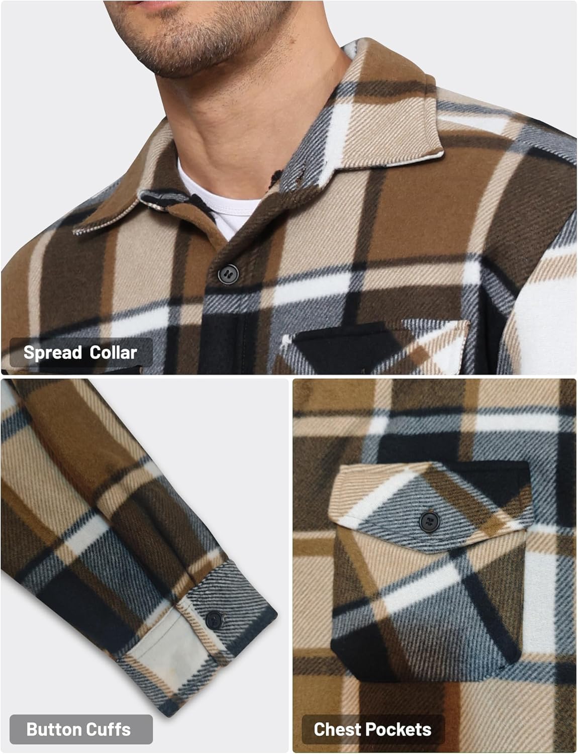 Men's Flannel Jacket Sherpa Lined Casual Button Up Plaid Jacket Long Sleeve Fleece Shacket with Pockets - Image 4