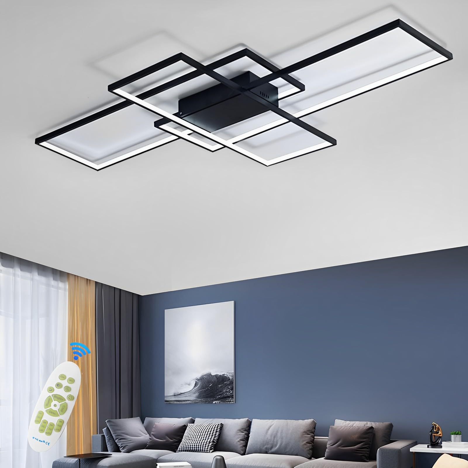 Modern Design LED Deckenleuchte Dimmbar 65W Rechteckige Deckenleuchte, 3000K-6000K Wohnzimmer Deckenlampe Schwarz Mit Fernbedienung, Für Schlafzimmer Wohnzimmer Küche Schmücken(80cm)