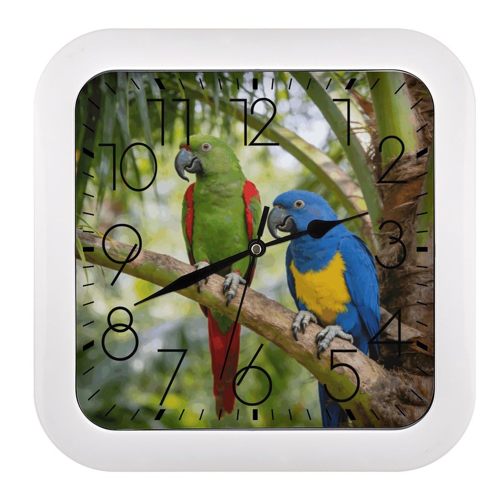 Fodpand Style Rainforest Double Parrot Wall Clock,Battery Operated Modern Retro Rounded Square Clock Clock For Bedroom Living Room Office Home Gym Porch Decor Indoor Outdoor 10.2 * 10.2In