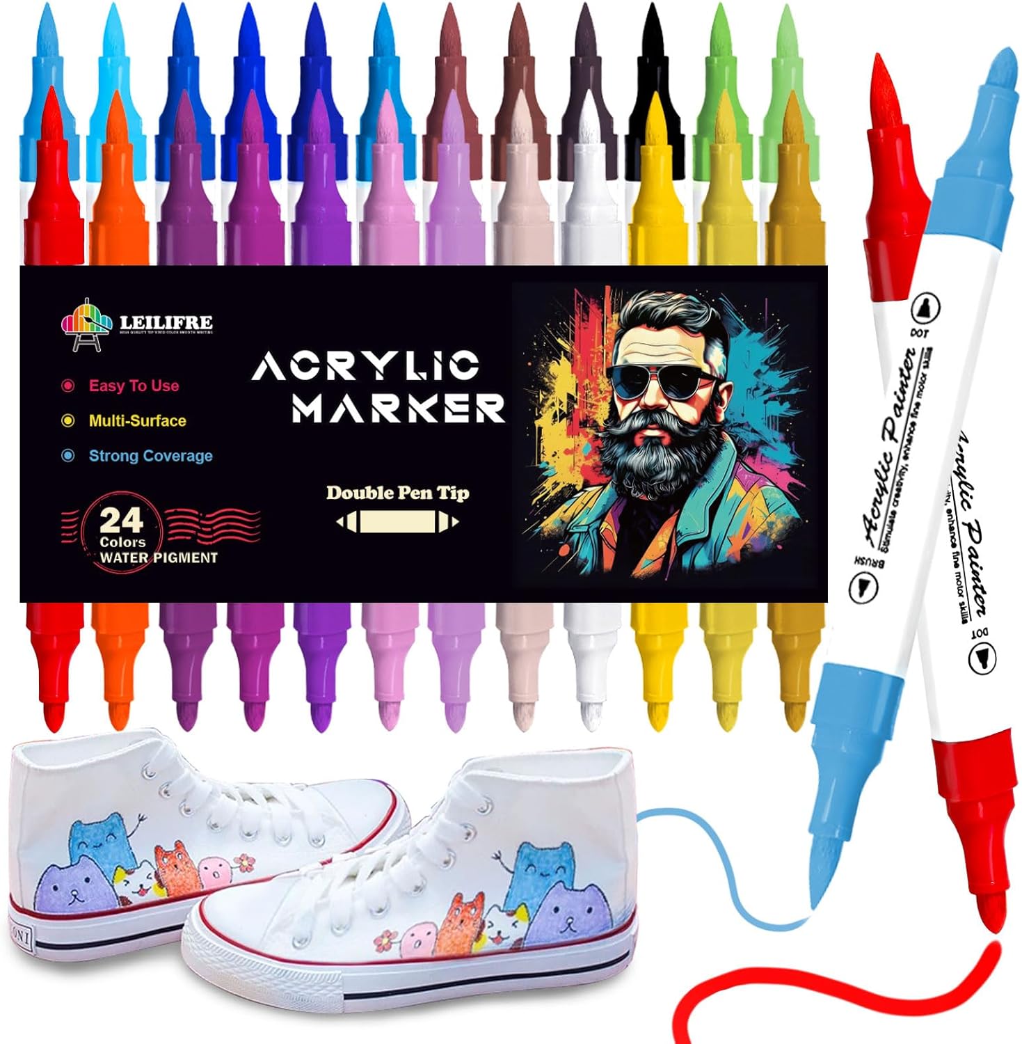 24 Acrylic Paint Markers, Paint Markers for Fabric, Canvas, Rock, Glass, Wood, Paper, Ceramic, Egg, Pumpkin, Waterproof, Non-Toxic, Odorless acrylic markers for DIY Crafts & Art(Dot + Fine)