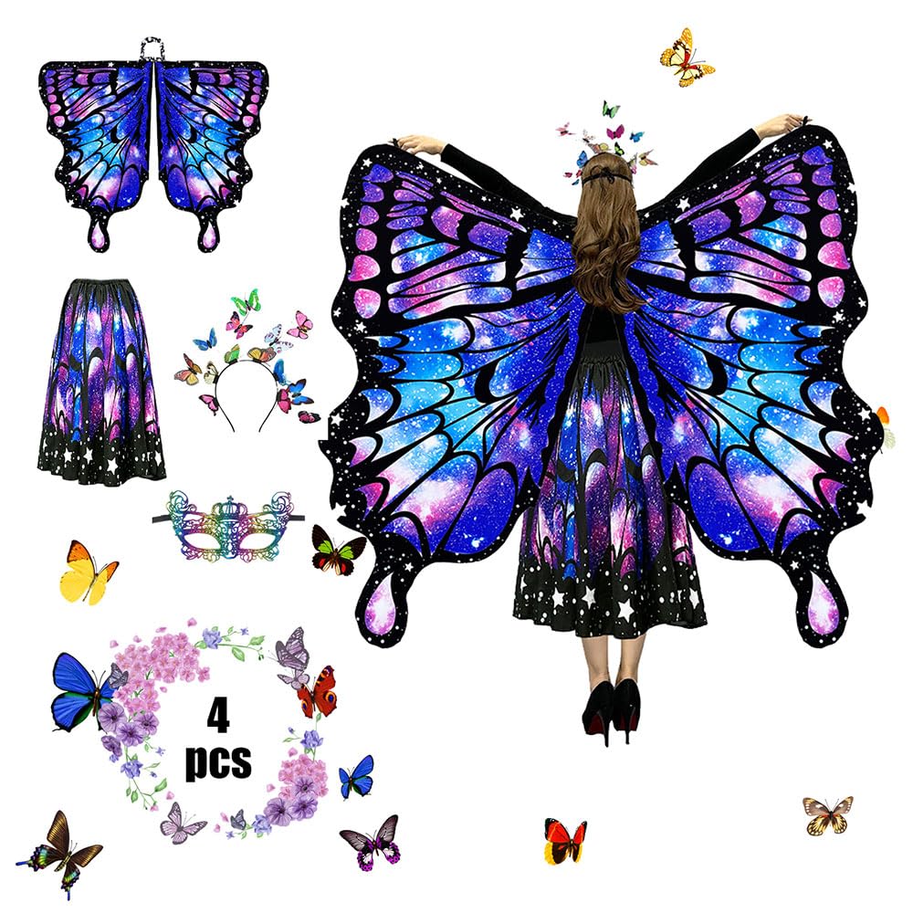 Anyingkai Schmetterling fee flügel,Schmetterlingsflügel Kostüm,9 Stück Set Mit Flügeln, Umhang, Maske, Tutu Rock und Face Art Sticker,Schmetterling umhang,Faschingskostüme (C