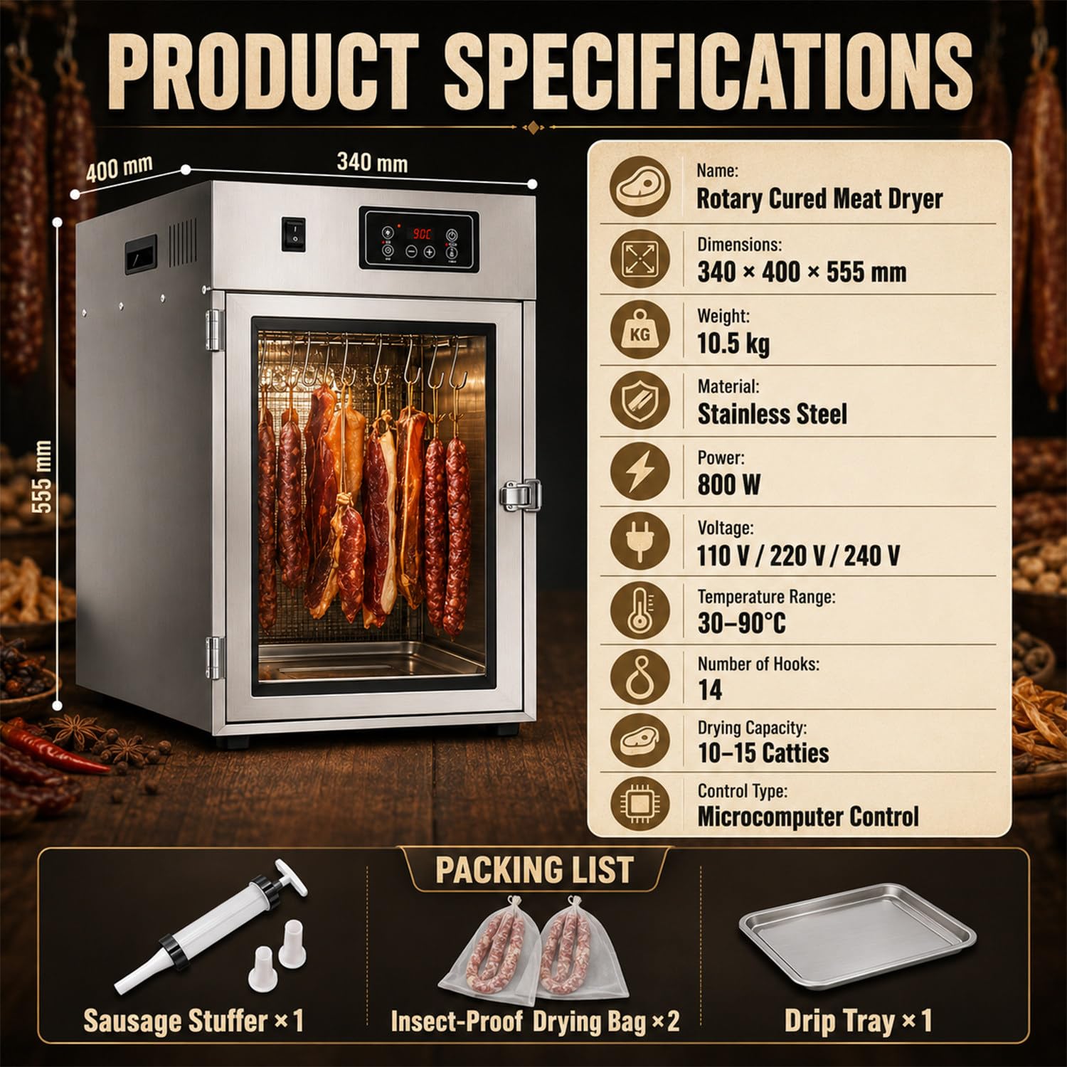 Reifeschrank Für Fleisch, Drehbarer Fleischtrockner, Dry Ager Reifeschrank, Edelstahl, 0–90 °c Einstellbar, Mit 14 Haken Und LED-Bedienfeld, 7,5 Kg Fassungsvermögen, Für Wurst, Bacon, Hähnchen