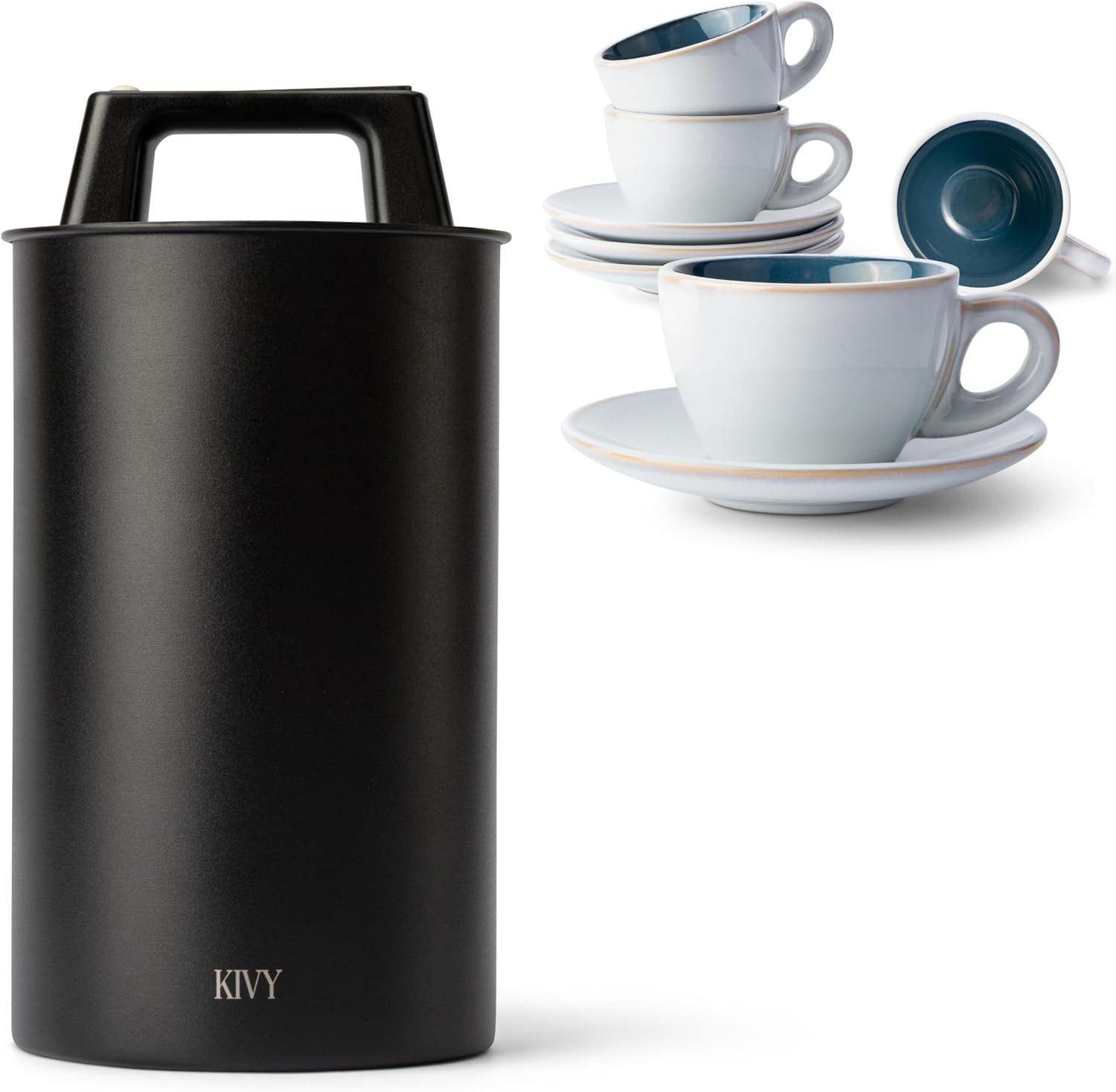 KIVY Cappuccino Set of 4 with Saucers + Vacuum Coffee Canister