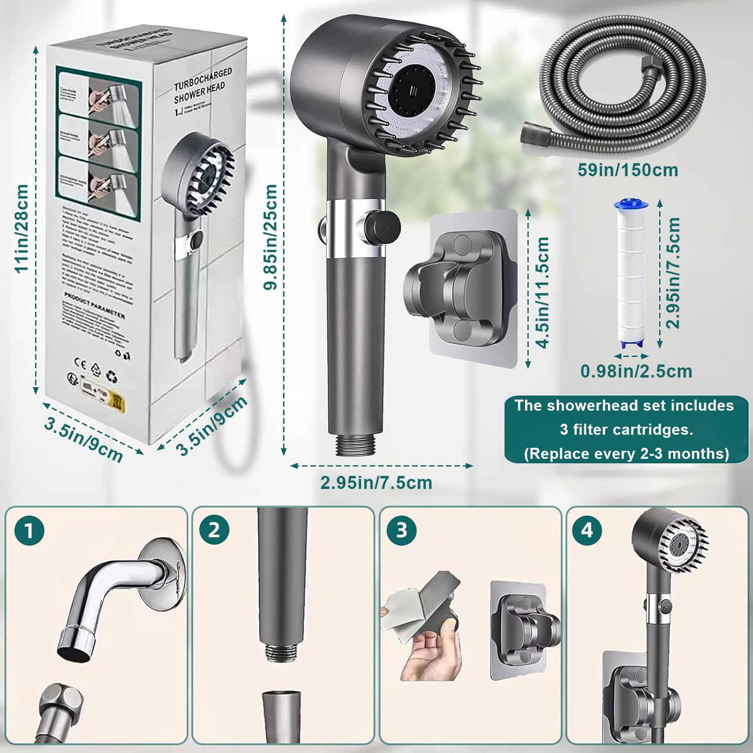 Ion Drops Shower Head, High Pressure Shower Head and Hose Set with 4 Filters, 59‘’ Hose & Bracket, 4 Spray Modes & Pause Switch, Ion Drops Filtered Showerhead with Handheld, Gray — view 8