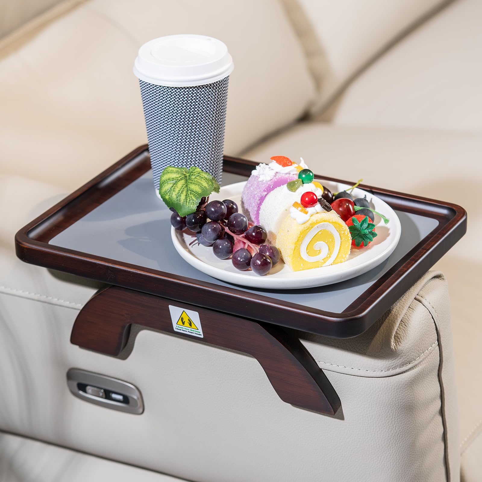 Mesa con reposabrazos de bambú natural para sofá, para bebidas, aperitivos, comer, control remoto, bandeja para brazo de sofá (marrón)