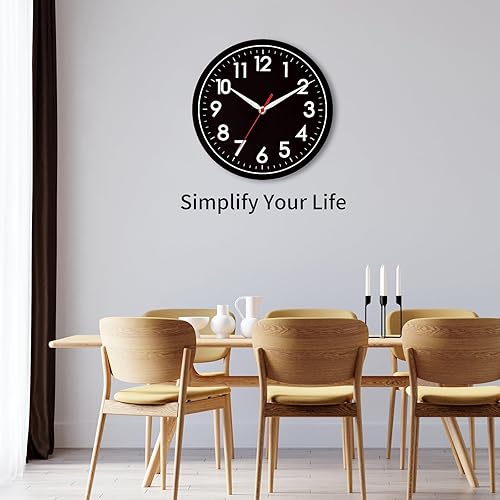 Miniatura 6 de AKCISOT Reloj de pared moderno negro silencioso sin tictac funciona con pilas, 10 pulgadas, pequeño reloj analógico clásico, decorativo para