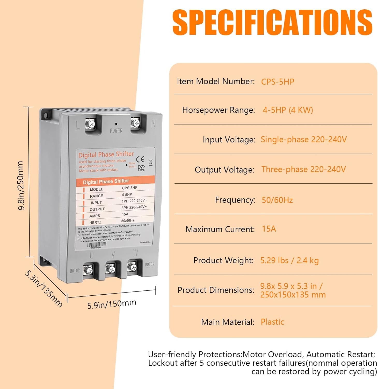 Single Phase to 3 Phase Converter，5HP 220V 3 Phase Converter，220V-240V Input/Output Digital Phase Shift for 5HP Motor