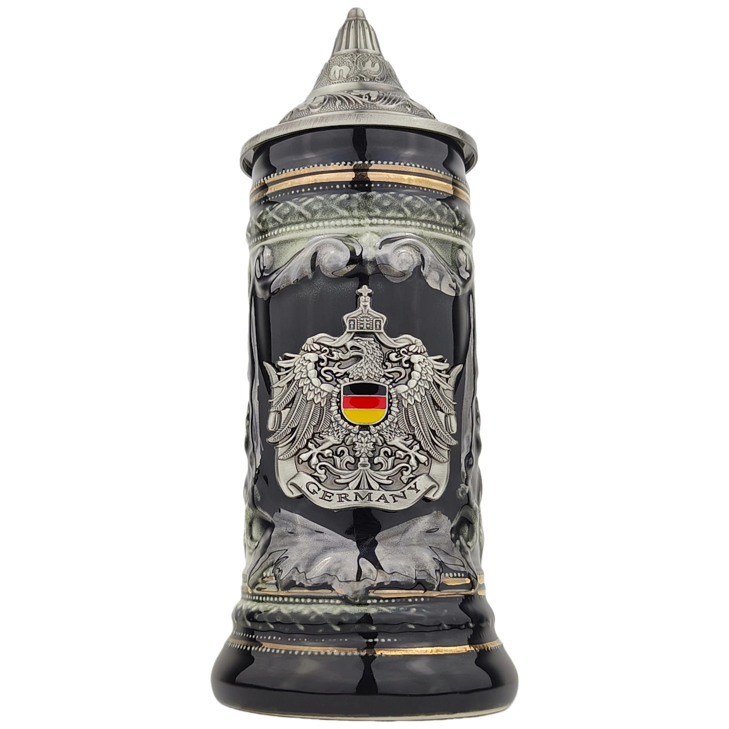 Bierkrug mit Deckel 0,7L – Klassischer Steinkrug mit Spitzdeckel & Metallmontur – Deutschland-Motiv – Geschenkidee für Männer, Vater & Bierliebhaber (Schwarz)