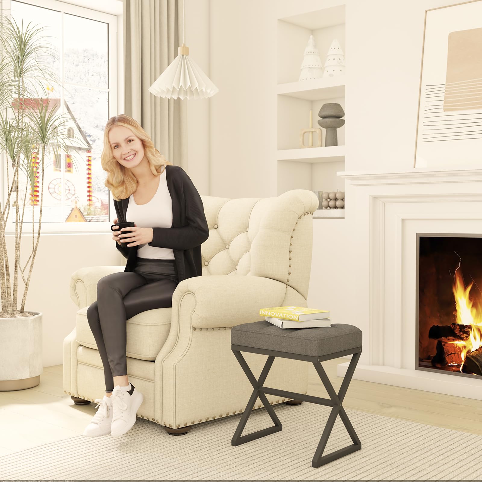 YMYNY Pouf Sgabello per Trucco, Poggiapiedi per Piedi, Sgabello con Seduta in Lino, Ottomano per Trucco con Gambe in Metallo a Forma di X', per Vanità Soggiorno Ingresso 40×30×46CM Grigio HBD033G