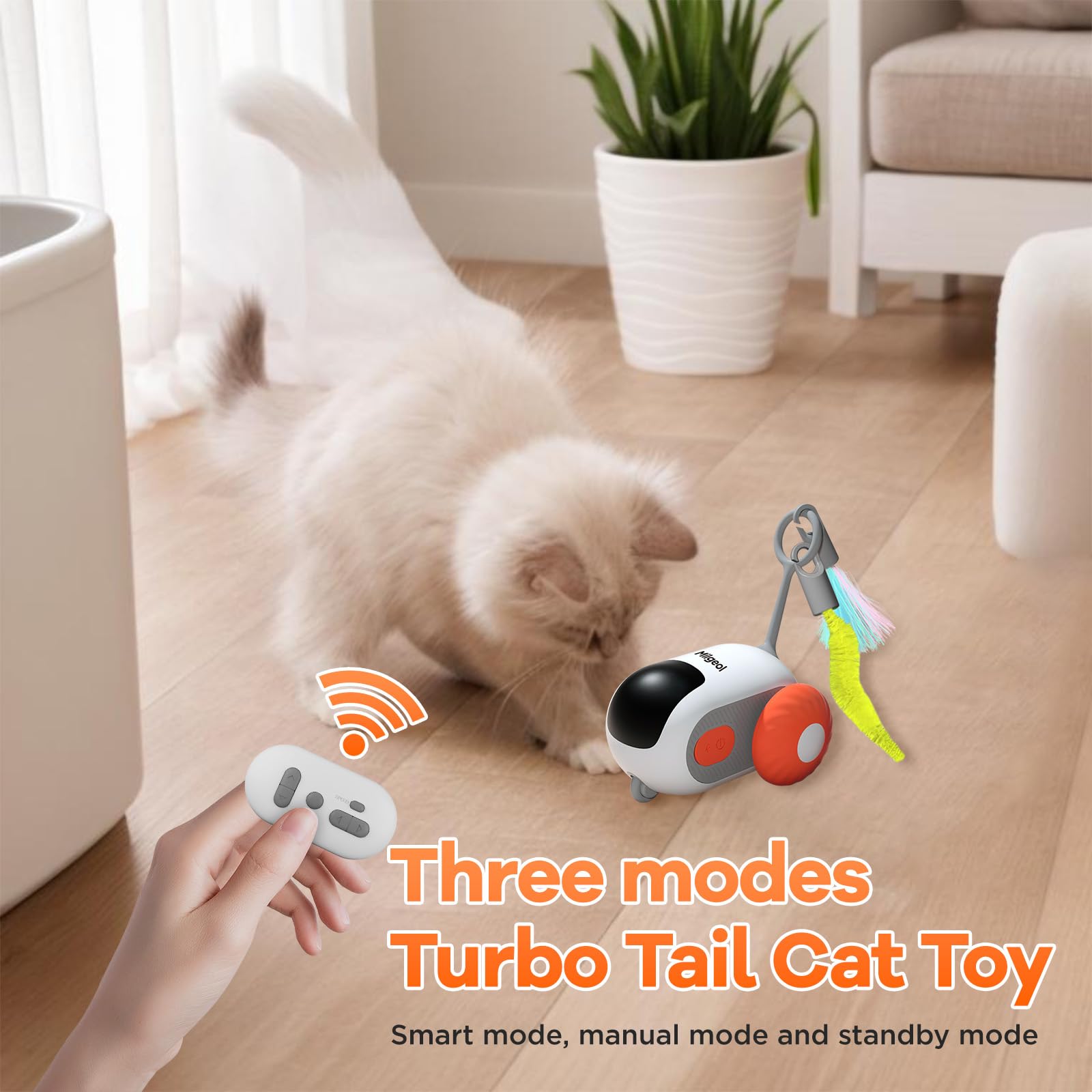 Milgeol Turbo Tail 3.0, Teazys Cat Toy Turbo Tail, Smart Remote Control Electric Interactive Cats Toy, Type-C Rechargeable Turbo Tail Mouse Cat Toy with Feathers (1pc Orange) 3