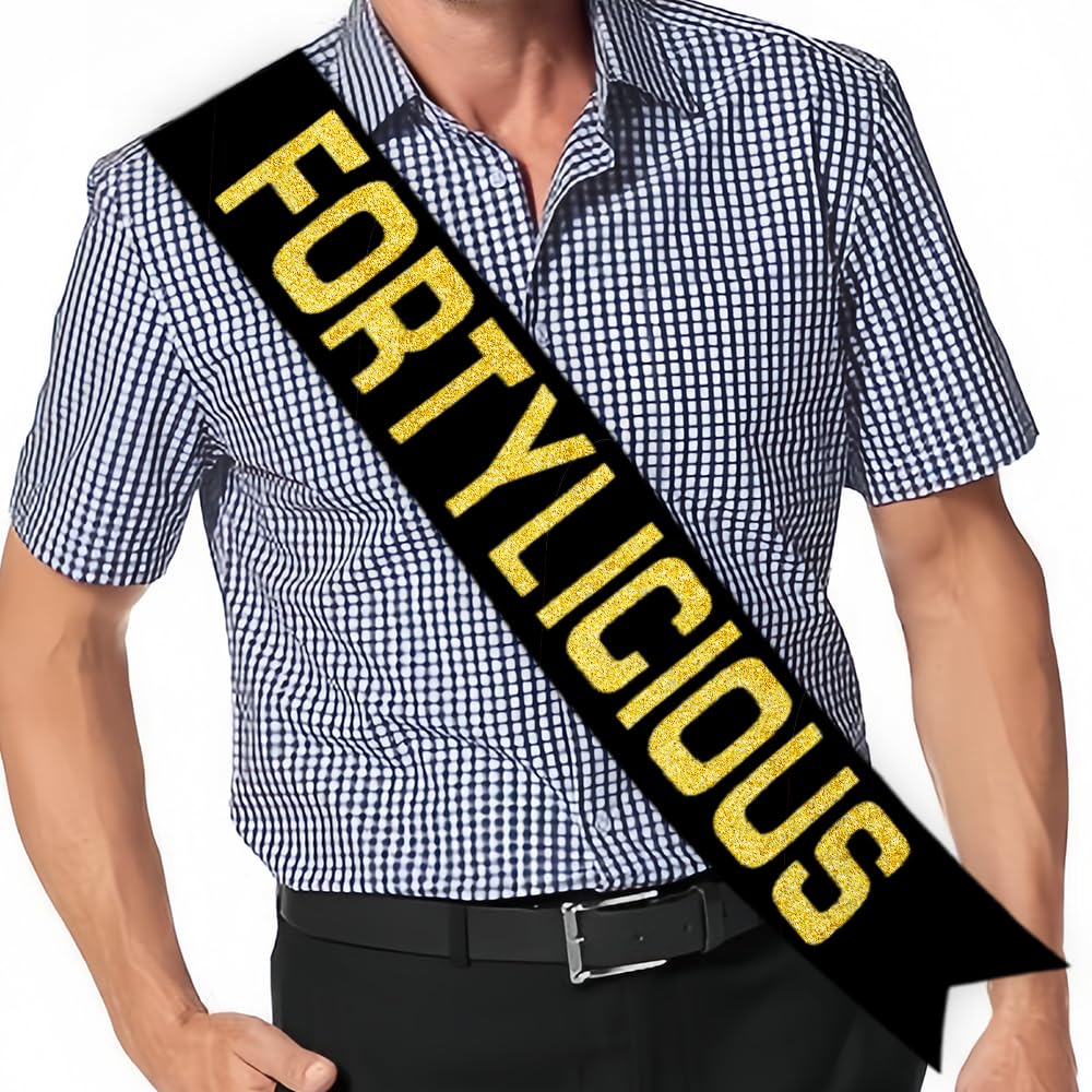 Fortylicious Birthday Sash, Funny Birthday Sash with Glitter Letters Birthday Party Supplies for Women, Men, Girls -Gold