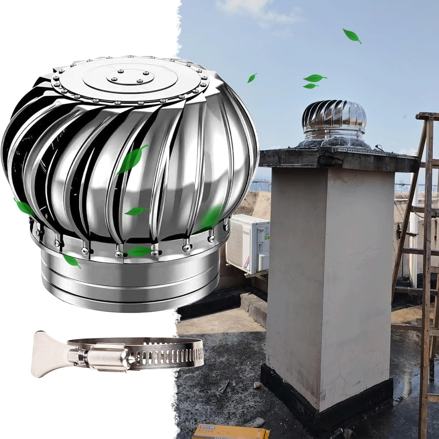 Houses Roof Vent Cap 8in, All Purpose Chimney Cowl 200(mm) Roof Wind Rotating Turbine Cap Vent, Comes with Clamps Exhaust Wind Turbines Cap Roof Flue Vent, Stainless Steel 304