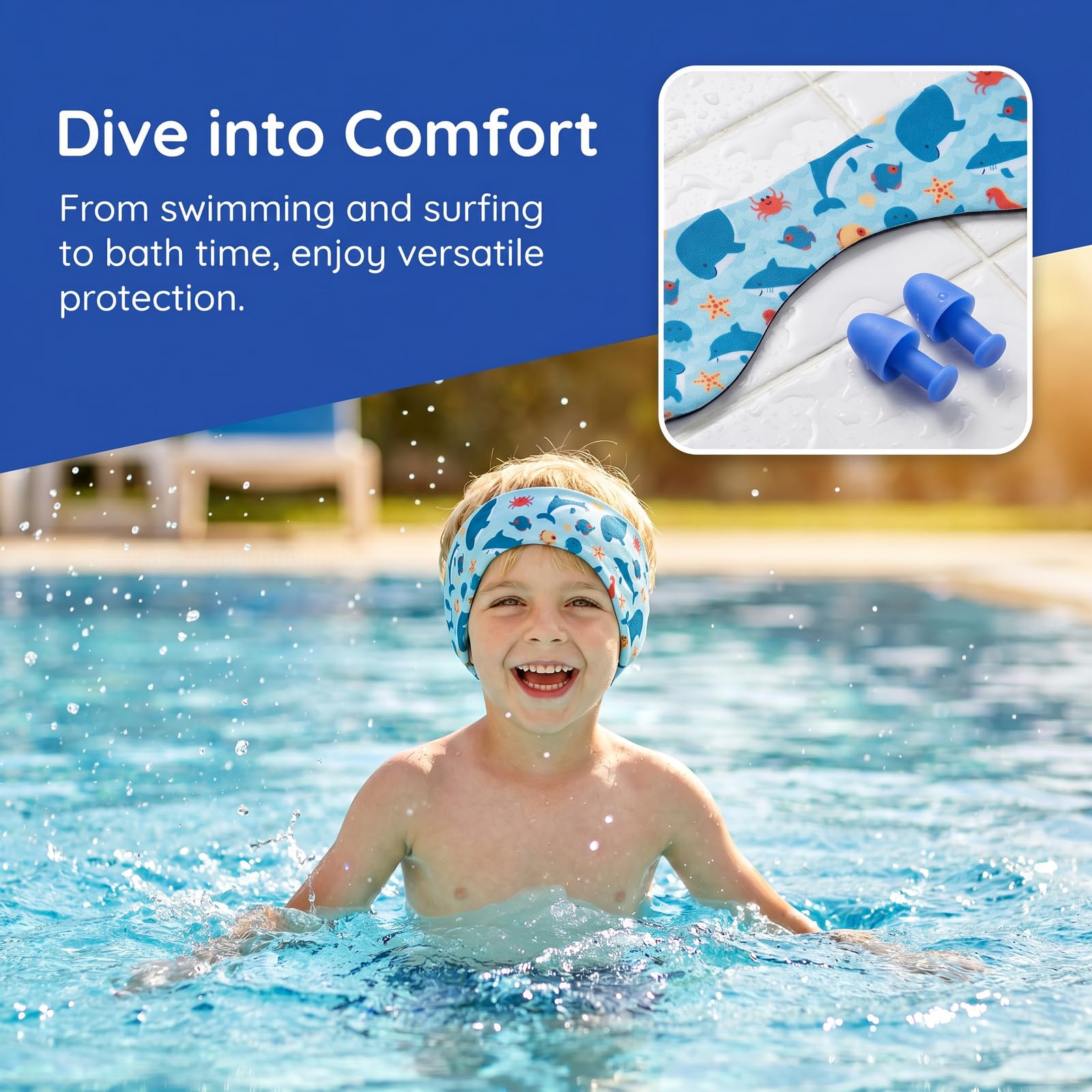 Nivofu 2PCS Neopreno Diadema de natación, 2 Pares de Tapones de Silicona, Banda Impermeable Ajustable con Protección de Orejas para Niños y Adultos, Piscina Surf Buceo Talla L