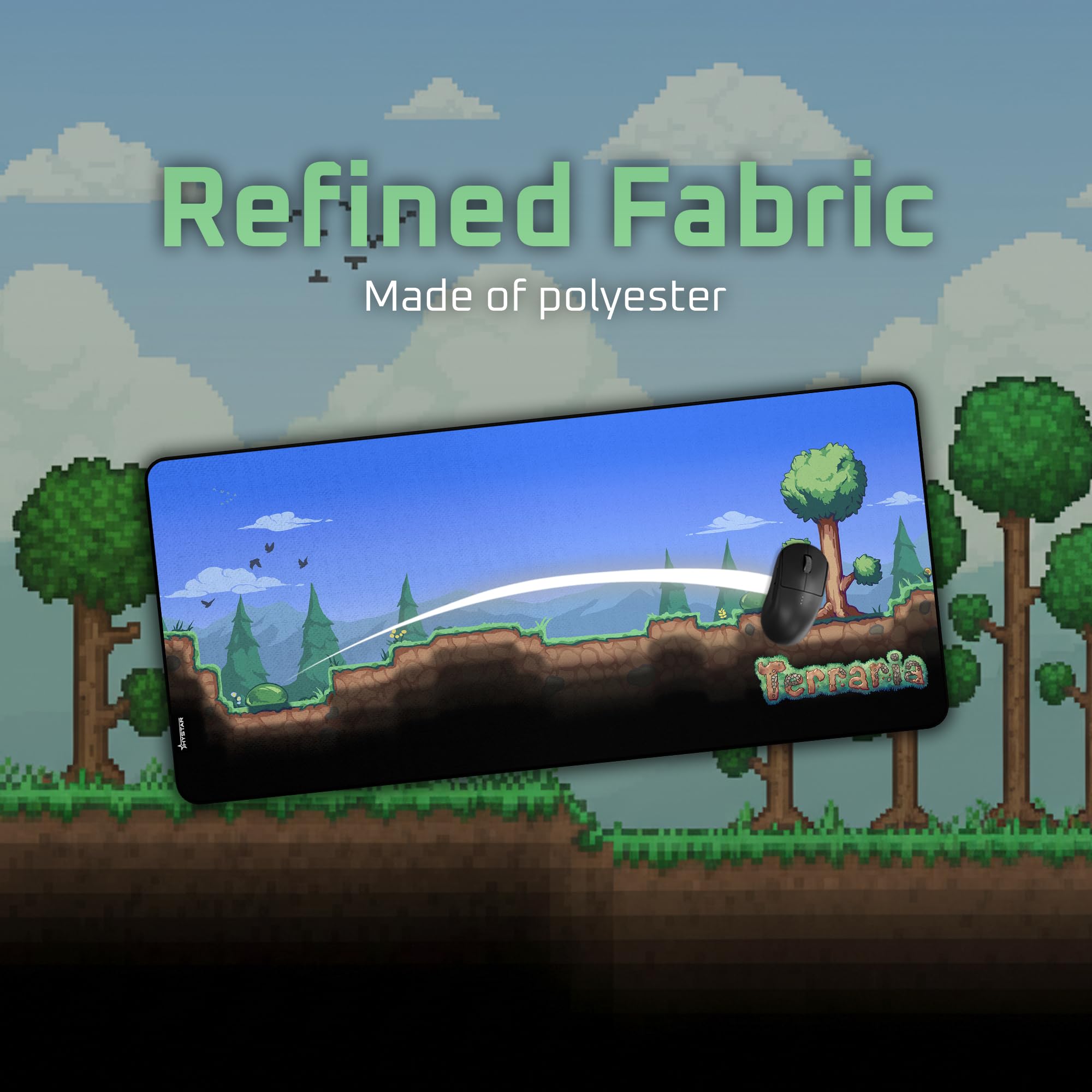 Hystar x Terraria Erweitertes Gaming-Mauspad, XXL, 91,4 x 40,6 cm, 5 mm dick, wasserdichte Oberfläche, glattes Polyestergewebe und Unterseite aus Naturkautschuk (Overworld)