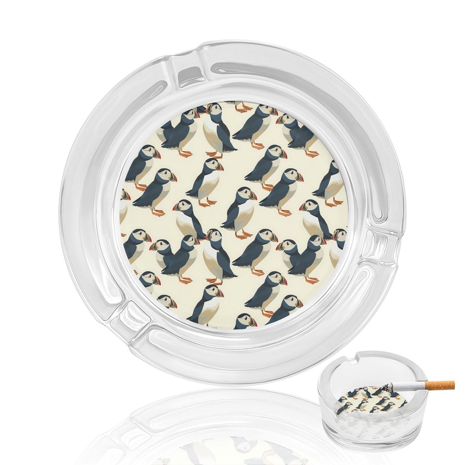 Puffins-Cute Ashtray Portable Round Glass Outdoor Ash Tray for Home Office Garden Pub