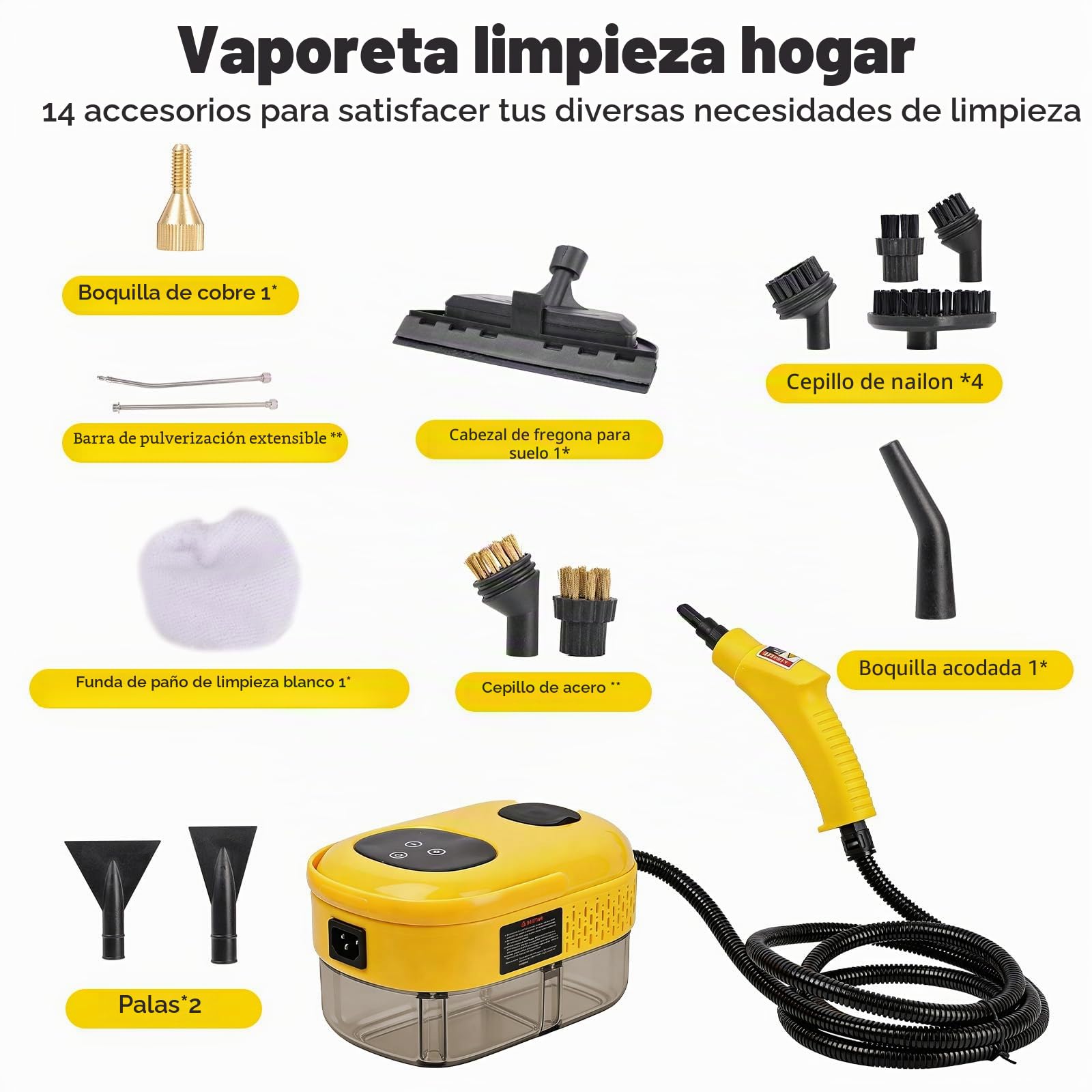 Vaporeta Limpieza Hogar Potente 2500W, 3 Bar, 6 Niveles,Depósito 1100ml, | Limpiador a Vapor de Mano 12 Accesorios,Vaporeta para Cocina Baño Sofá Coche