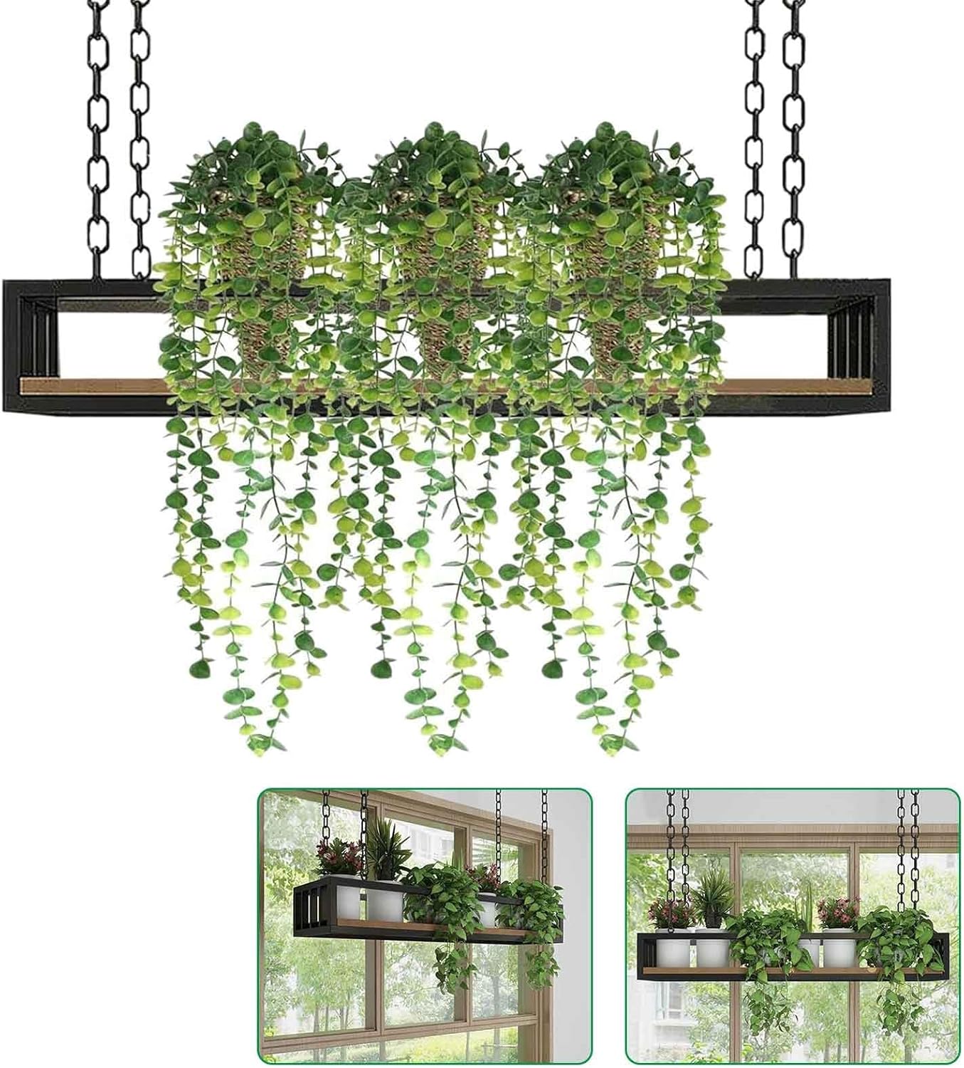 Hanging Plant Shelf Rack - Solid Wood & Iron Frame, 60x25x15cm - Stylish Kitchen Storage & Window Display for Indoor Flowers and Plants, Decorative Railing Shelf