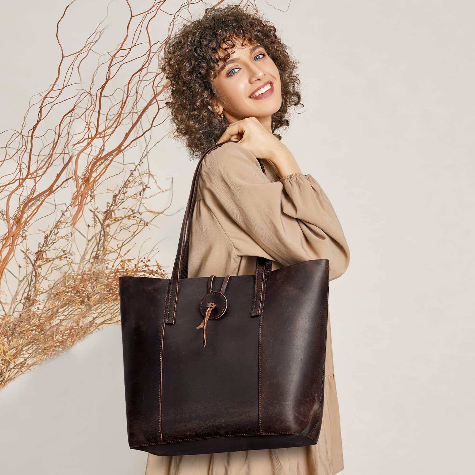 S-ZONE Vintage Genuine Leather Tote Bag for Women Large Shoulder Purse Handbag