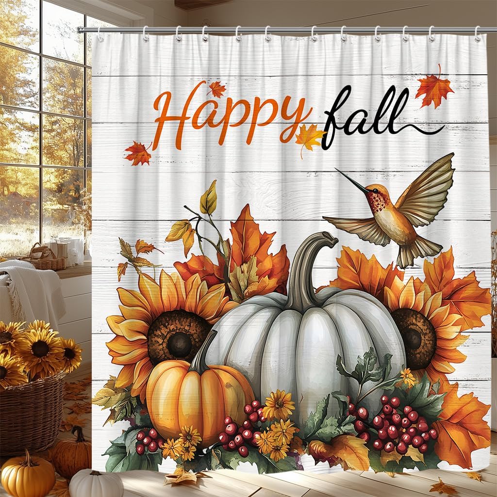 Happy Fall Shower Curtain Vinatge Autumn Pumpkin Thanksgiving Rustic Sunflower Maple Leaves Hummingbird Harvest Seasonal Bathroom Curtain Fabric with Hooks(70" Wx84 H)