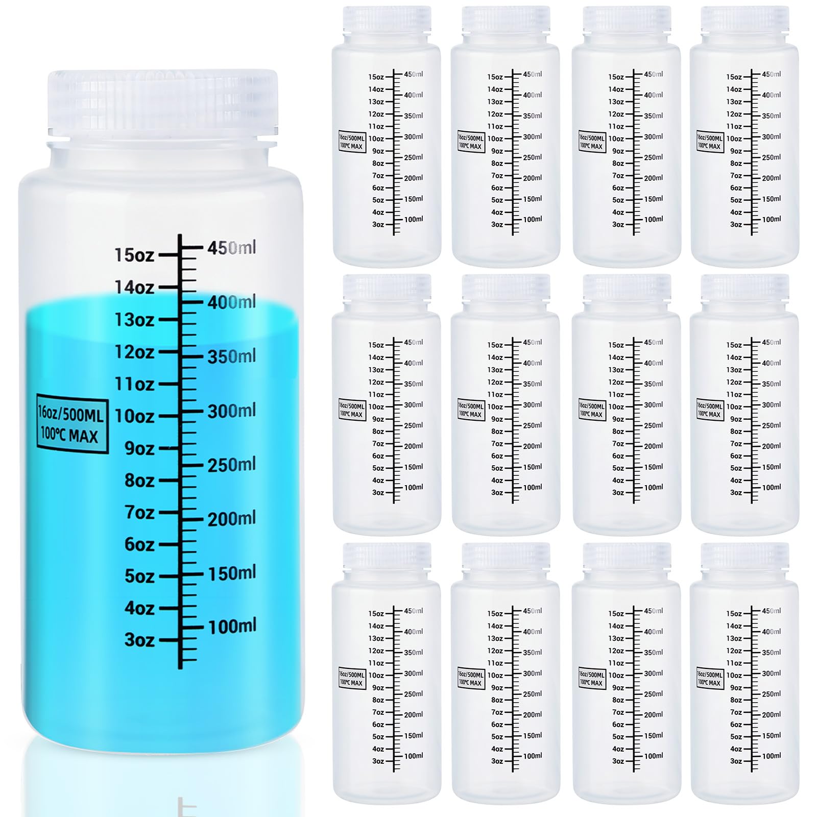 Tatuo 12 Pcs 16oz 500 ml Plastic Sample Bottles with Screw Cap, Liquid Containers with Lid for Lab Reagent Sample Medicine Pill Water Storage, Travel