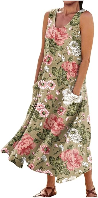 Plus Size Cotton Linen Summer Dresses for Curvy Women 2025 Sleeveless Maxi Vacation Beach Sundresses with Pockets