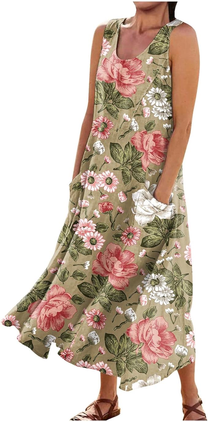 Plus Size Cotton Linen Summer Dresses for Curvy Women 2025 Sleeveless Maxi Vacation Beach Sundresses with Pockets