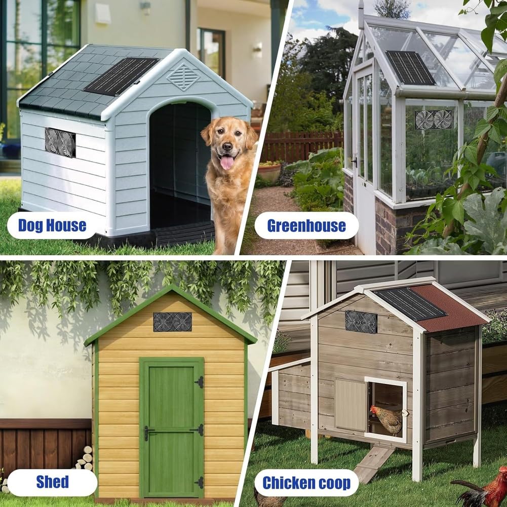 Kit de ventilador dual alimentado por energía solar de 15 W, IP65 impermeable 2600 RPM alta ventilación para invernadero cobertizo casa de mascotas, panel de silicona monocristalina con 2 ventiladores