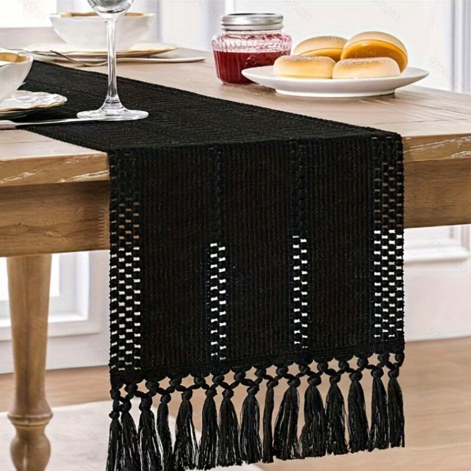 Handmade Knotted Tassel Cotton Linen Table Runner, Hollow Woven Farmhouse Decorative Long Table Runner, for Dining Table, TV Stand, Coffee Table(Black,140cm/55.1in)