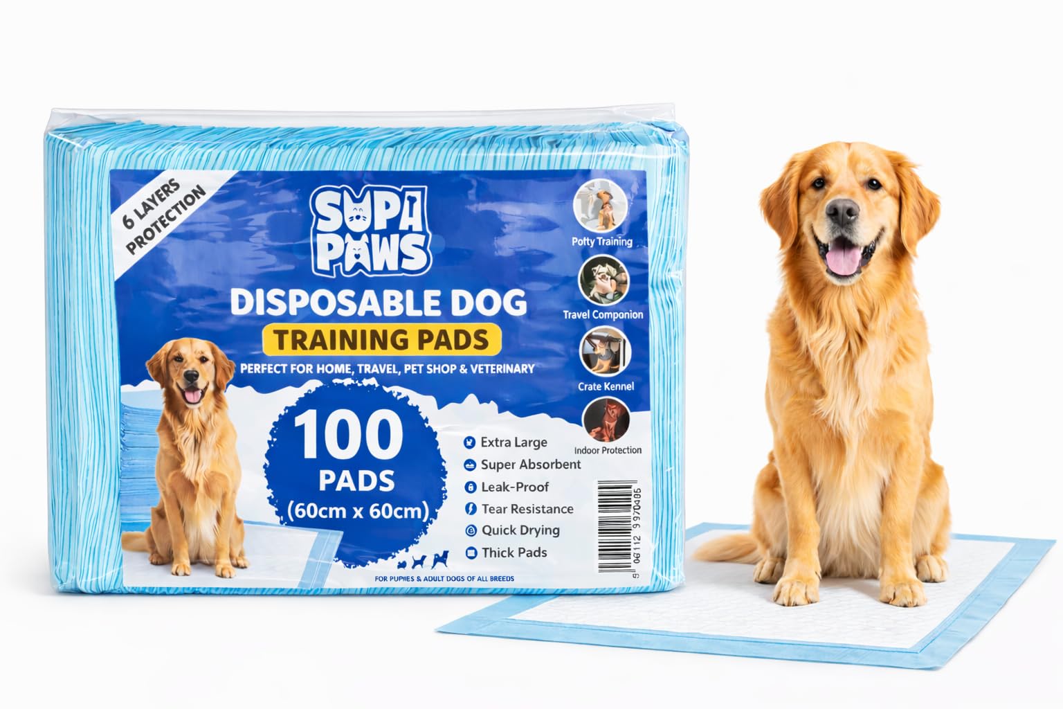 Pack of 100 Large Dog Pee Pads 60 x 60cm 6 Layers Puppy Potty Training Pads for Dogs Super Absorbent Leak Proof Quick Dry Disposable Pads for Puppies Waterproof Odour Control Floor Protection Dog Pads