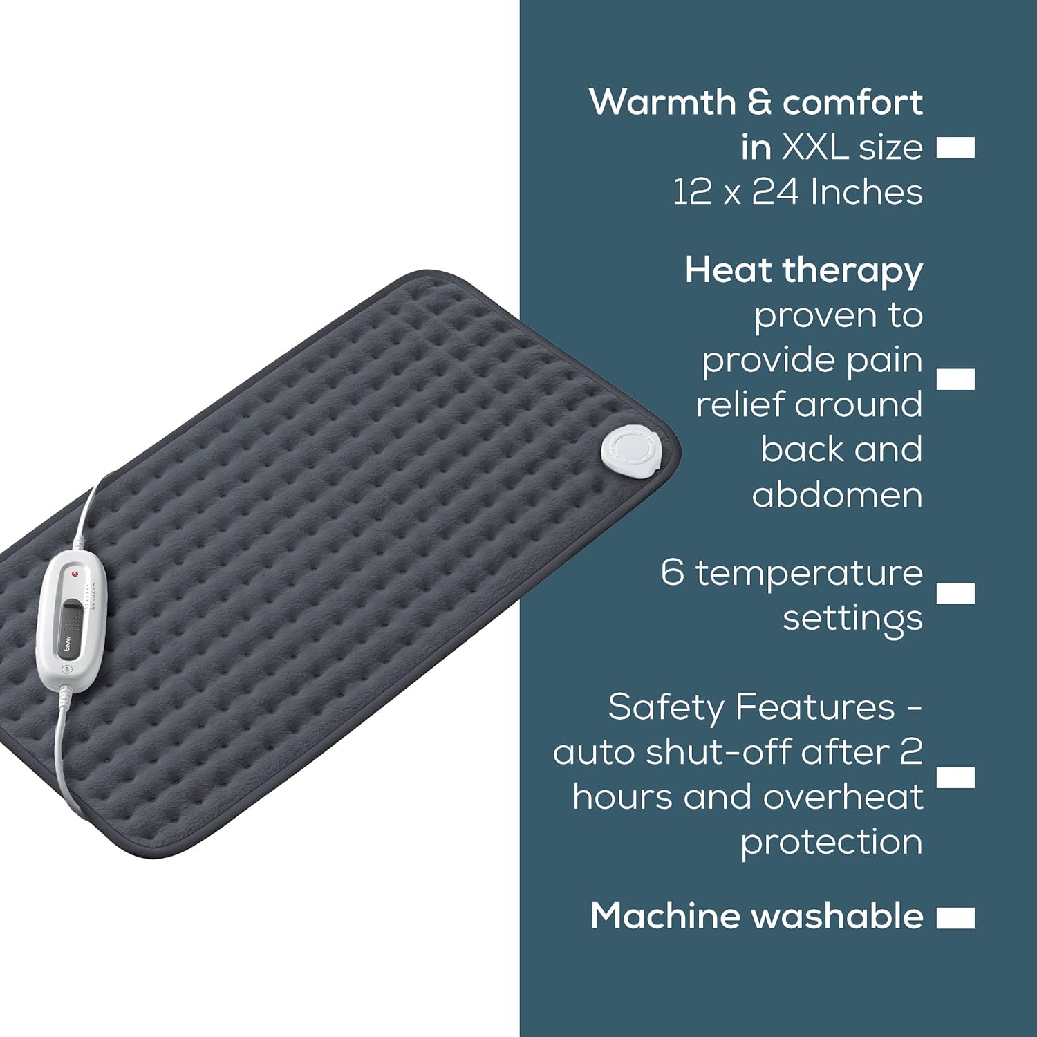 Beurer UHP26DRKGRY Heating Pad for Back/Shoulder/Neck/Knee/Leg, Soft Fabric, Fast Heating, XL Size 12” x 24”, 6 Temperature Settings, 2-Hour Auto-Off, Machine Washable