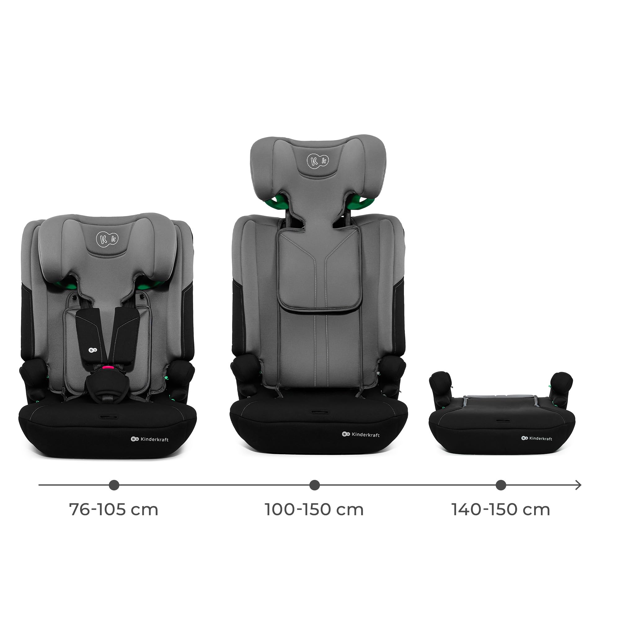Kinderkraft I-COMFY Autositz 76-150cm Verstellbare Rückenlehne 5-Punkt-Sicherheitsgurt EASY GROW SYSTEM Dunkelgrau