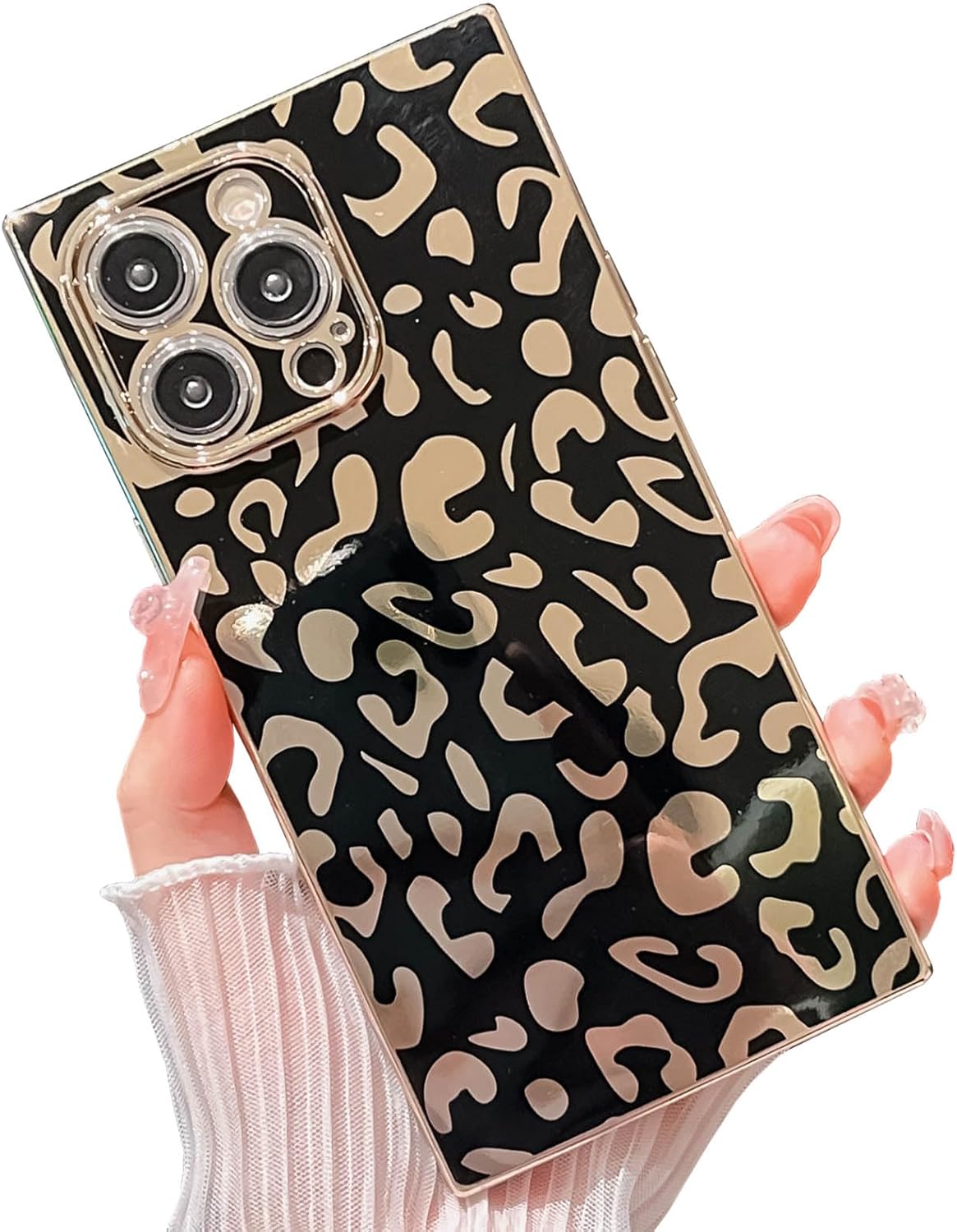 KERZZIL Elegant Compatible with iPhone 16 Pro Max Rectangle Edge Case, Cute Luxury Leopard Pattern Plating Case Camera Protector Soft TPU Shockproof Protective Corner Back Cover(Black)