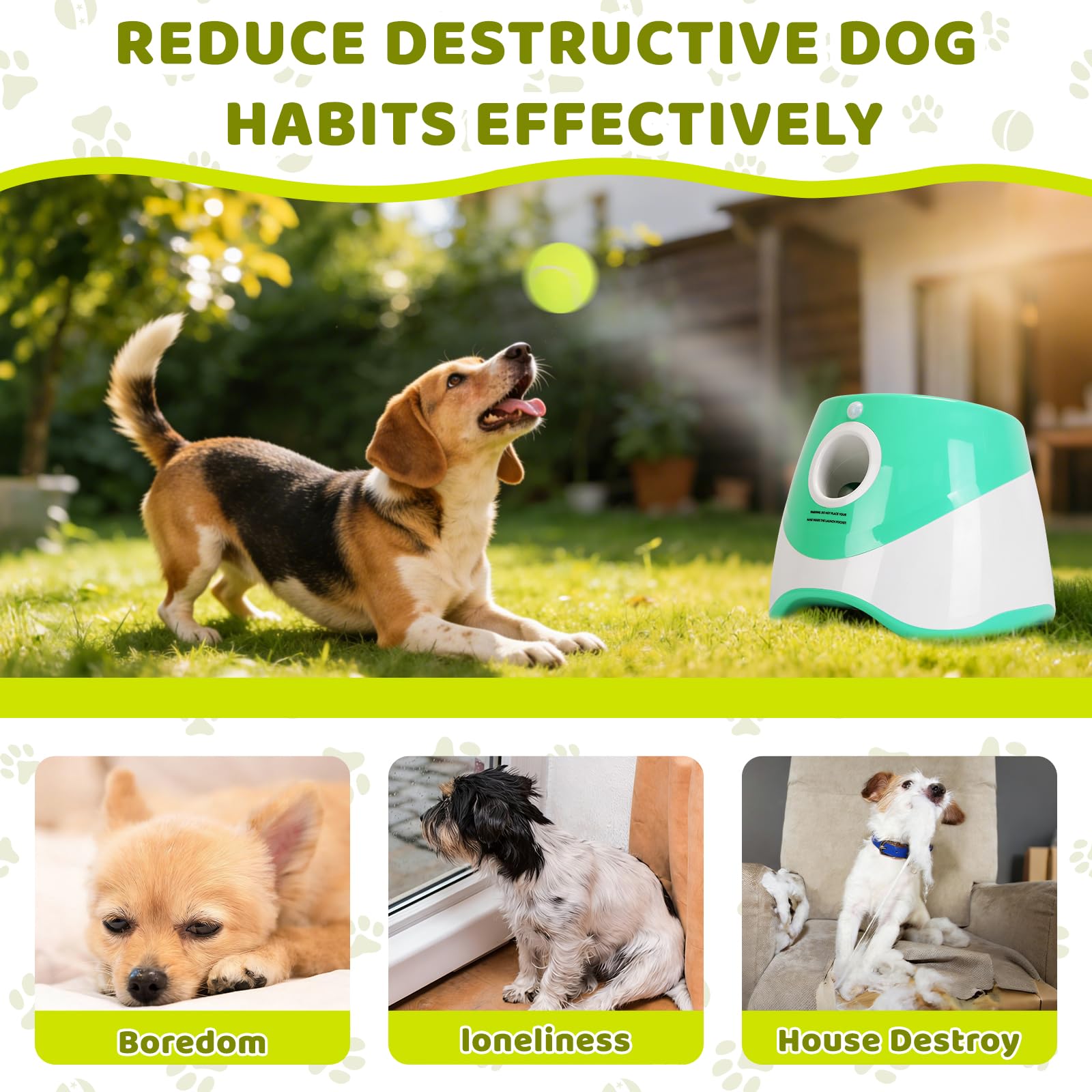 Lanceur de balles automatique pour chiens, lanceur de balles interactif pour chien avec 6 balles en ETPU de 5 cm, 3 paramètres de distance réglables (25 à 8 m), jouet d'entraînement pour intérieur et