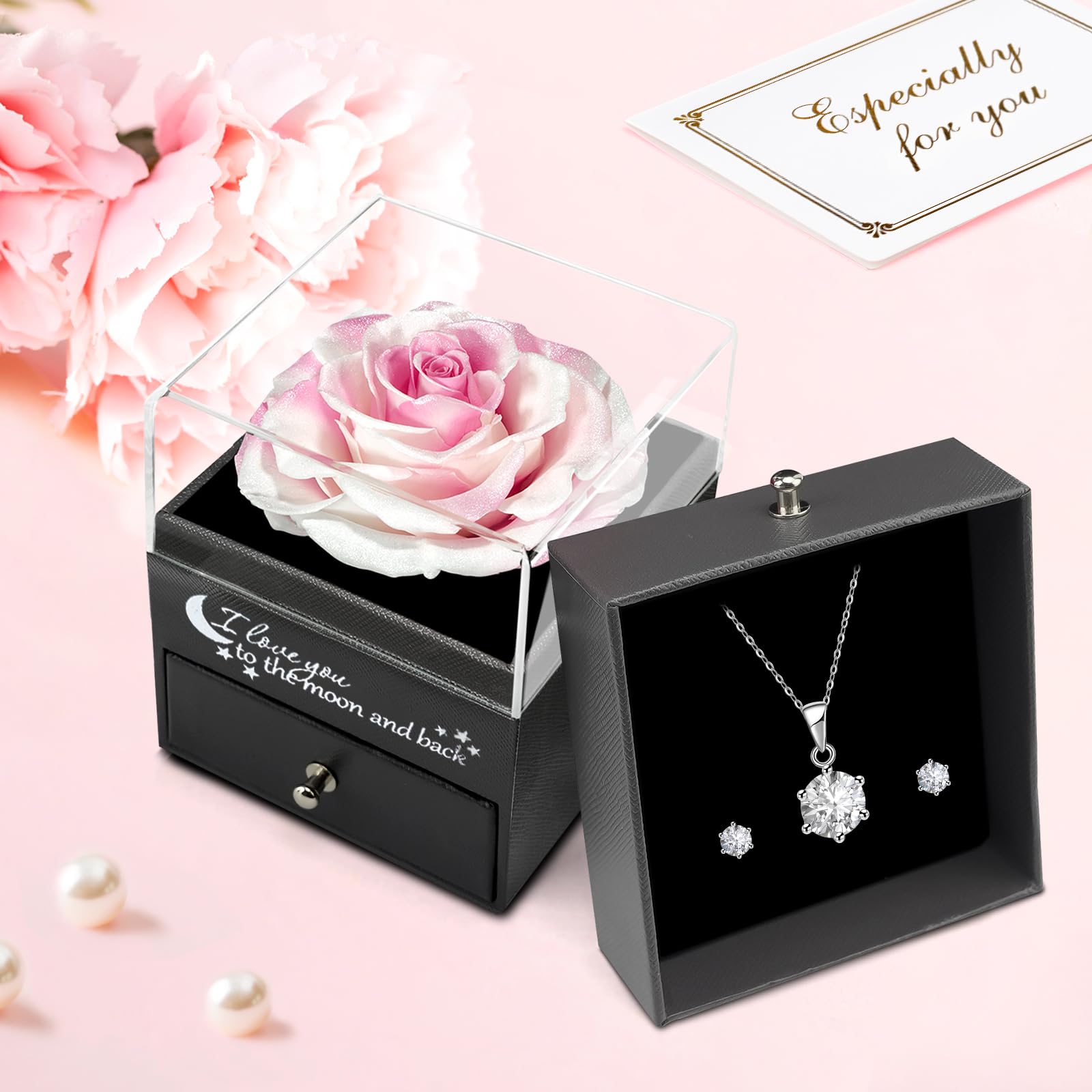 Miofula Rosa Stabilizzata Regalo Donna, Rosa Eterna con Collana Donna Argento Orecchini Regali Mamma Compleanno Festa della Mamma, Fiori Scatola Regalo San Valentino Anniversario per Lei Fidanzata