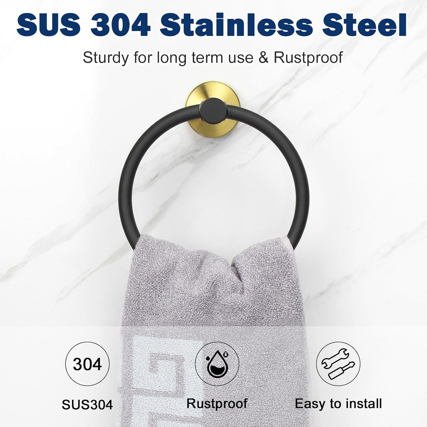 Simple Stainless Steel Towel Rack, Self-Adhesive Towel Holder Hanger, Towel Ring Storage Hanging Shelf, Black Easy Installation Bathroom (Black and Gold 1)