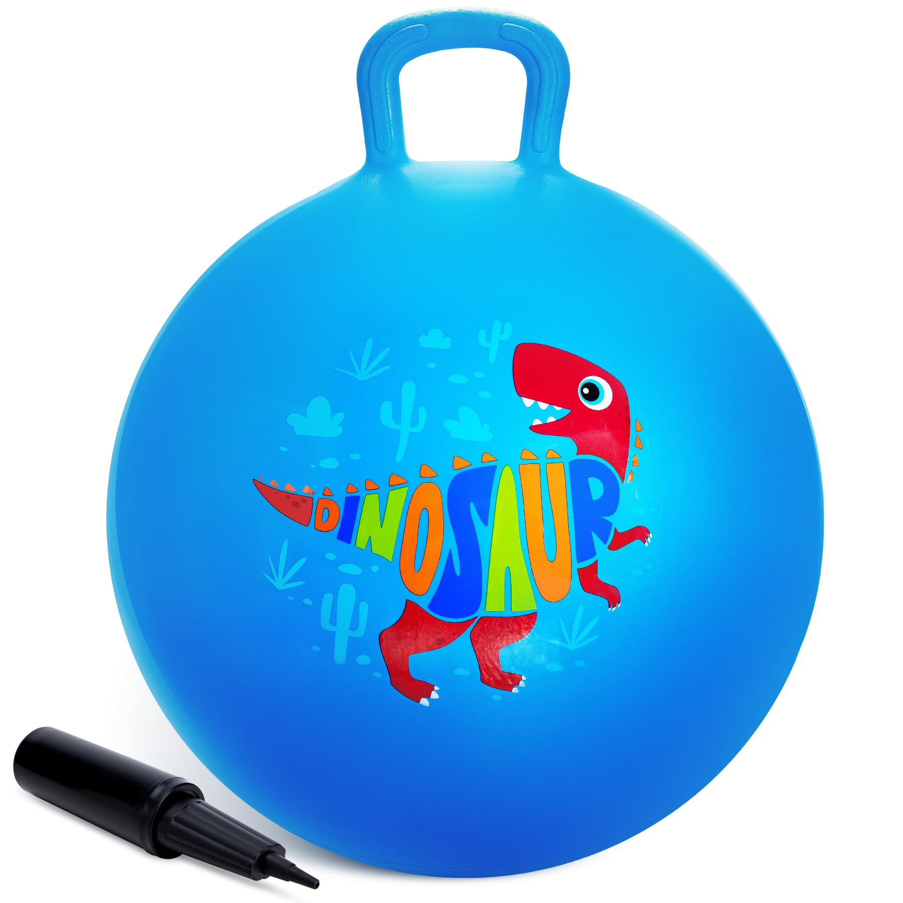 INPODAK 18inch Space Hoppers for Kids Age 3-8 Blue Dinosaur Space Hopper Anti-slip Hopper Ball with Handle Inflatable Jumping Balls with Handpump Jumping toy for Boy Girls Indoor Outdoor Garden Game