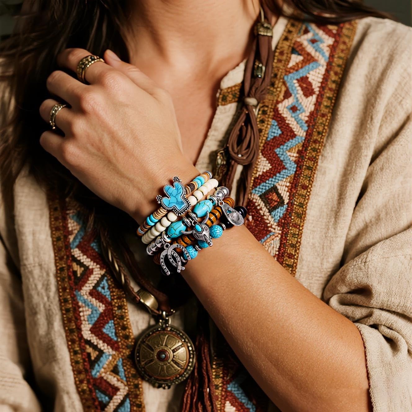 Western Leather Bracelets for Women Men Trendy Country Concert Outfits Cowboy Chic Boho Cowgirl Accessorie Turquoise Beaded Bracelet 2025 Fashion Jewelry - Image 3
